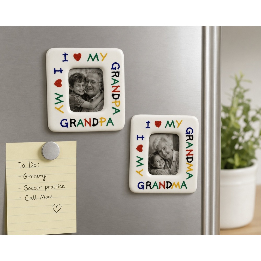 Vintage I Love My Grandma Grandpa Ceramic Magnet Picture Frames Set Pair Taiwan